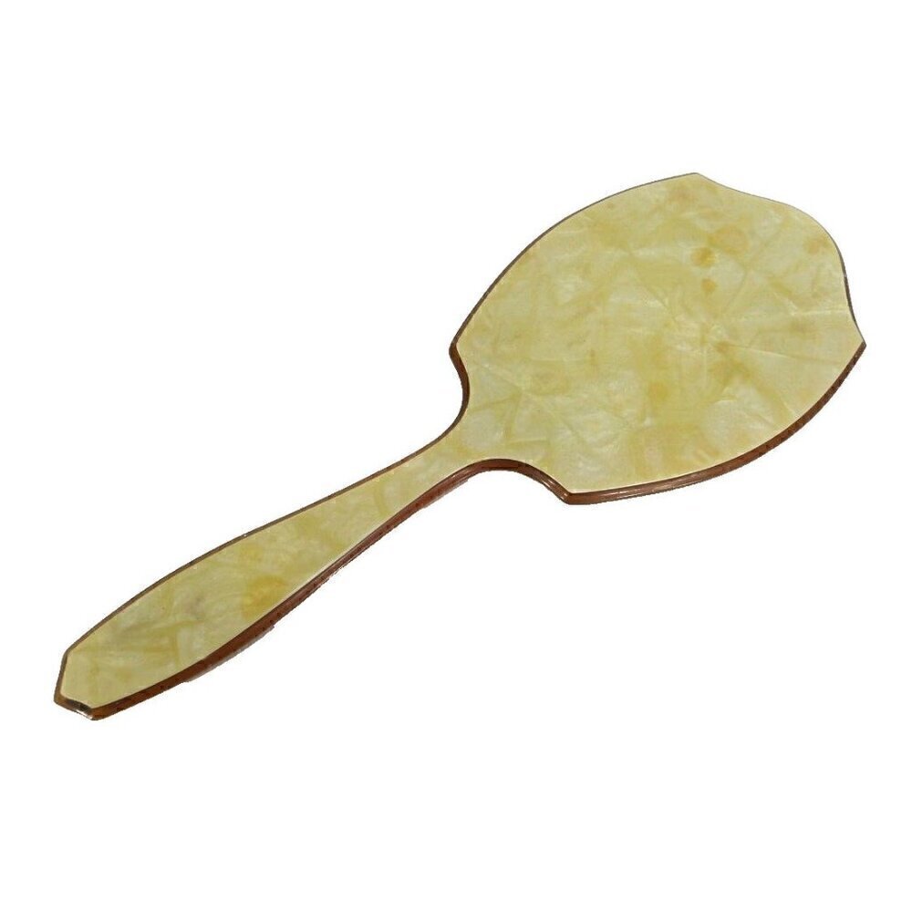 Green-ish beige celluloid plastic hand mirror 13.25" long, 4.75" wide 1930's